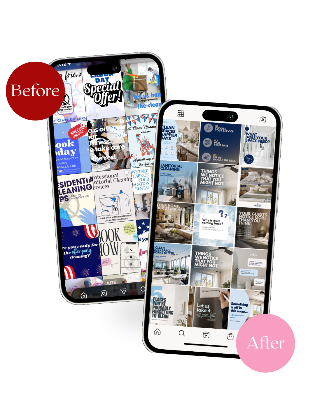 Before and after: cleaning company's social content, raw phone screenshots versus Naaya-edited posts